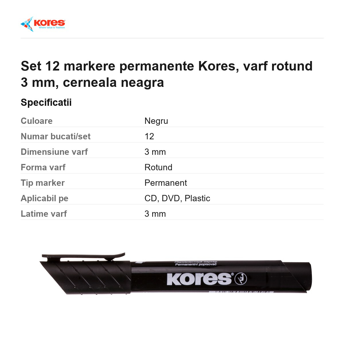 Set 12 markere permanente Kores, varf rotund 3 mm, cerneala neagra [3]