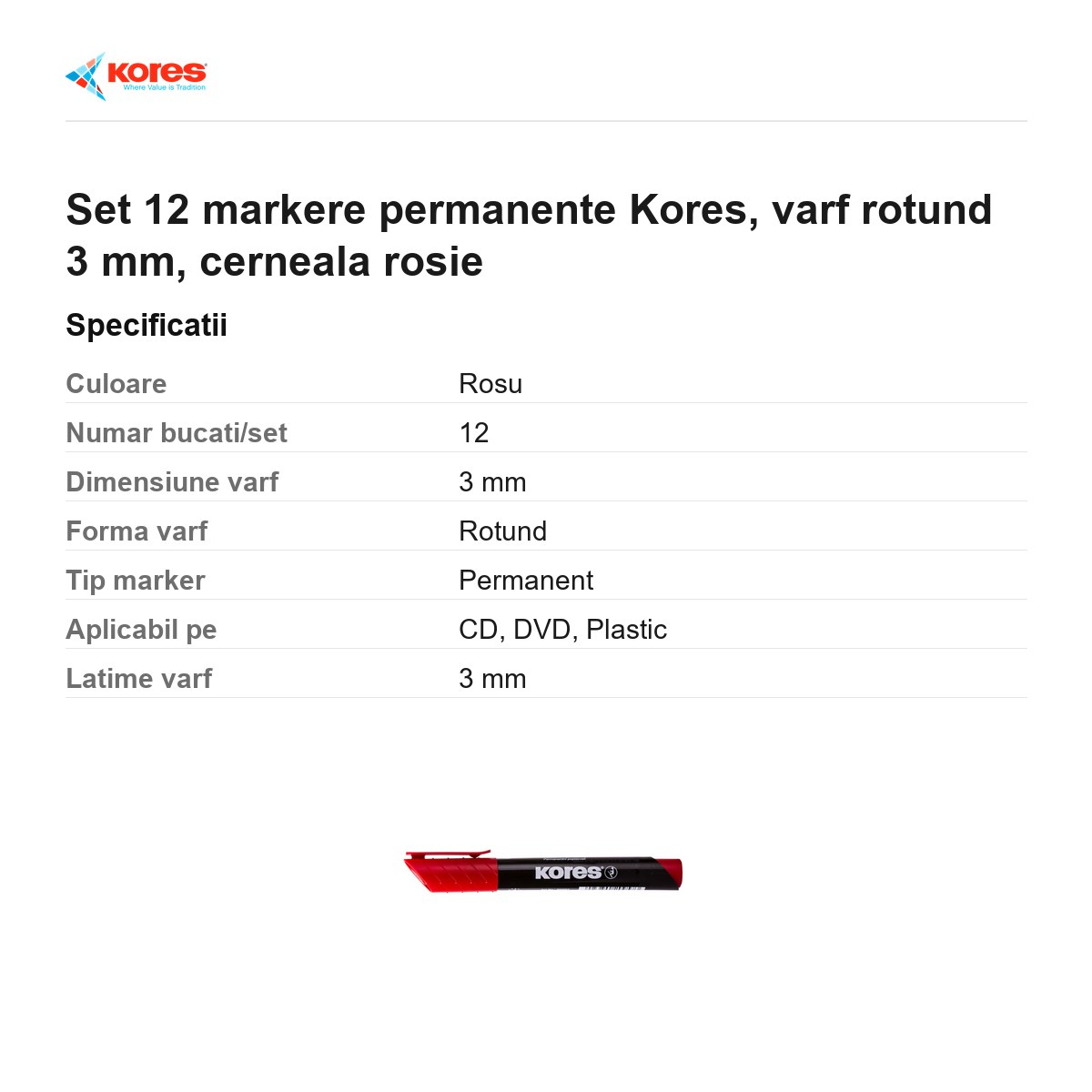 Set 12 markere permanente Kores, varf rotund 3 mm, cerneala rosie [3]