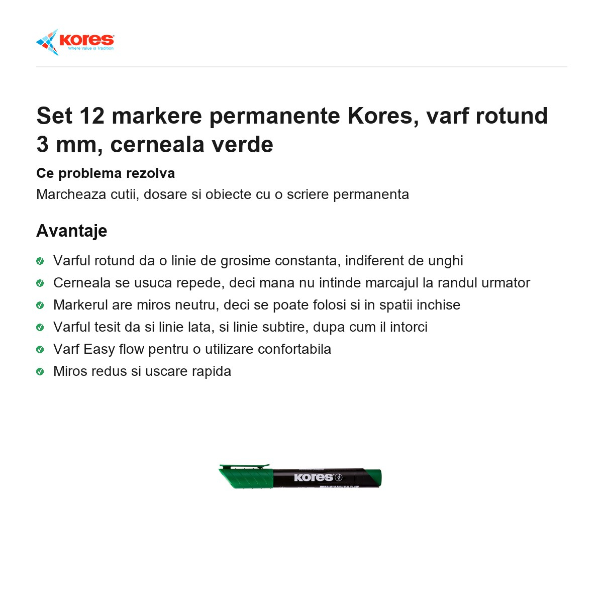 Set 12 markere permanente Kores, varf rotund 3 mm, cerneala verde [2]