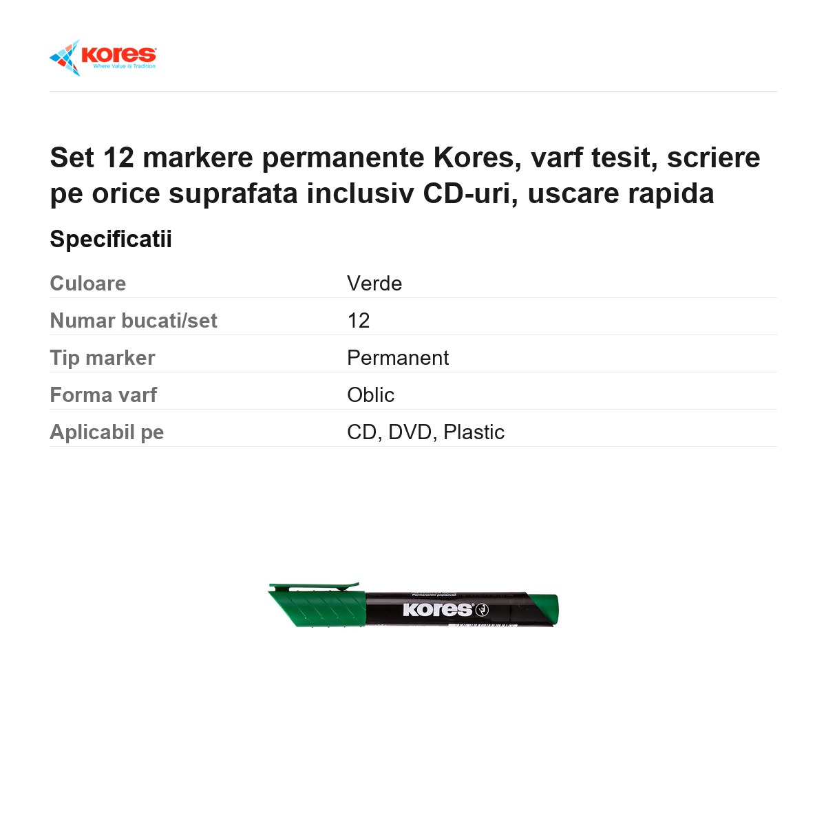 Set 12 markere permanente Kores, varf tesit, scriere pe orice suprafata inclusiv CD-uri, uscare rapida [3]