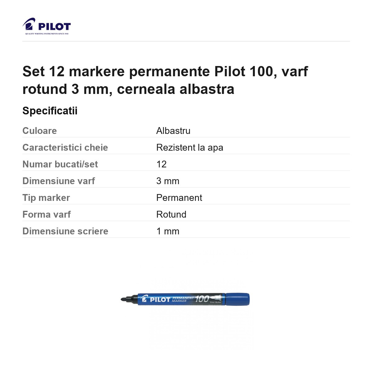 Set 12 markere permanente Pilot 100, varf rotund 3 mm, cerneala albastra [3]