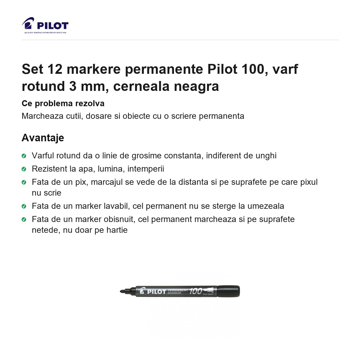 Set 12 markere permanente Pilot 100, varf rotund 3 mm, cerneala neagra [2]