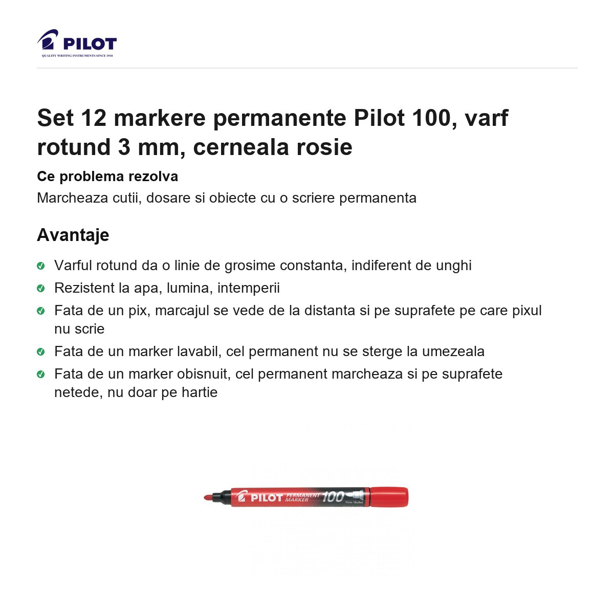 Set 12 markere permanente Pilot 100, varf rotund 3 mm, cerneala rosie [2]