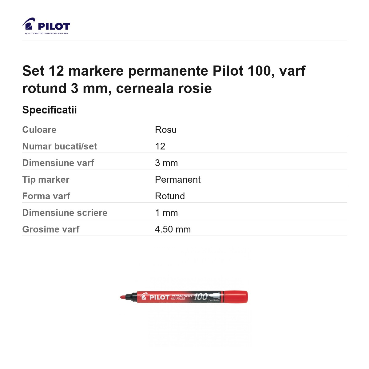 Set 12 markere permanente Pilot 100, varf rotund 3 mm, cerneala rosie [3]