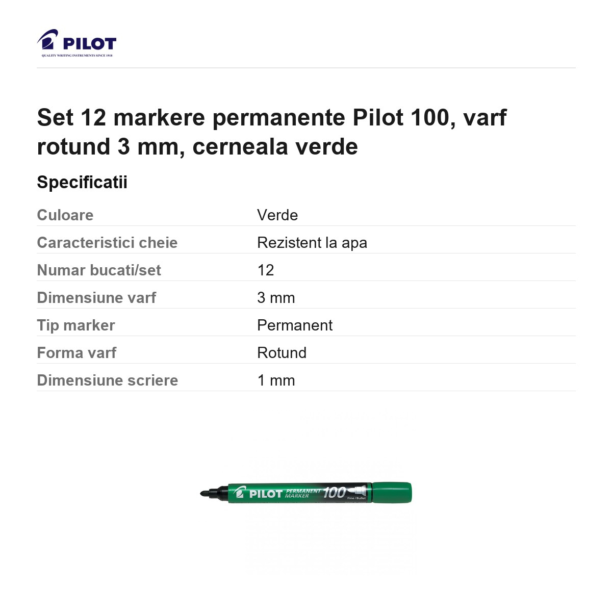 Set 12 markere permanente Pilot 100, varf rotund 3 mm, cerneala verde [3]