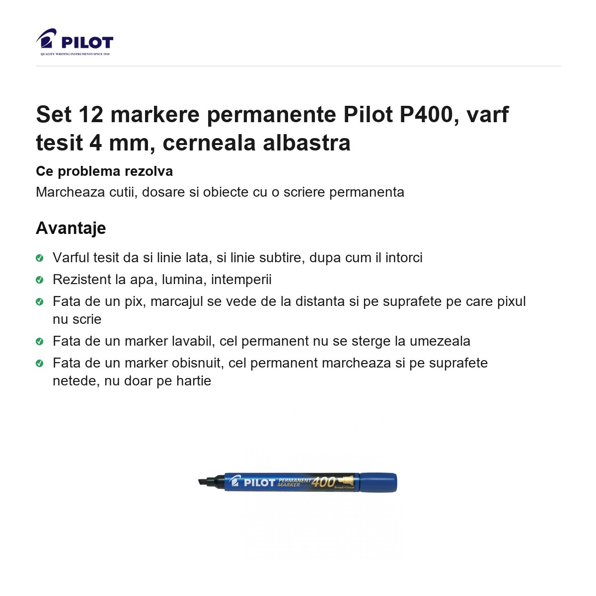 Set 12 markere permanente Pilot P400, varf tesit 4 mm, cerneala albastra [2]