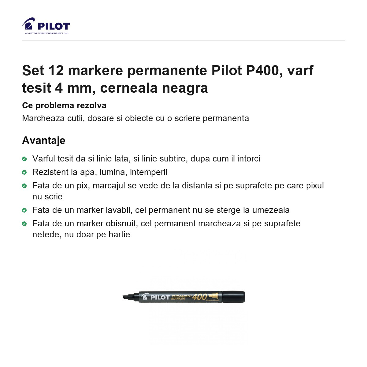 Set 12 markere permanente Pilot P400, varf tesit 4 mm, cerneala neagra [2]