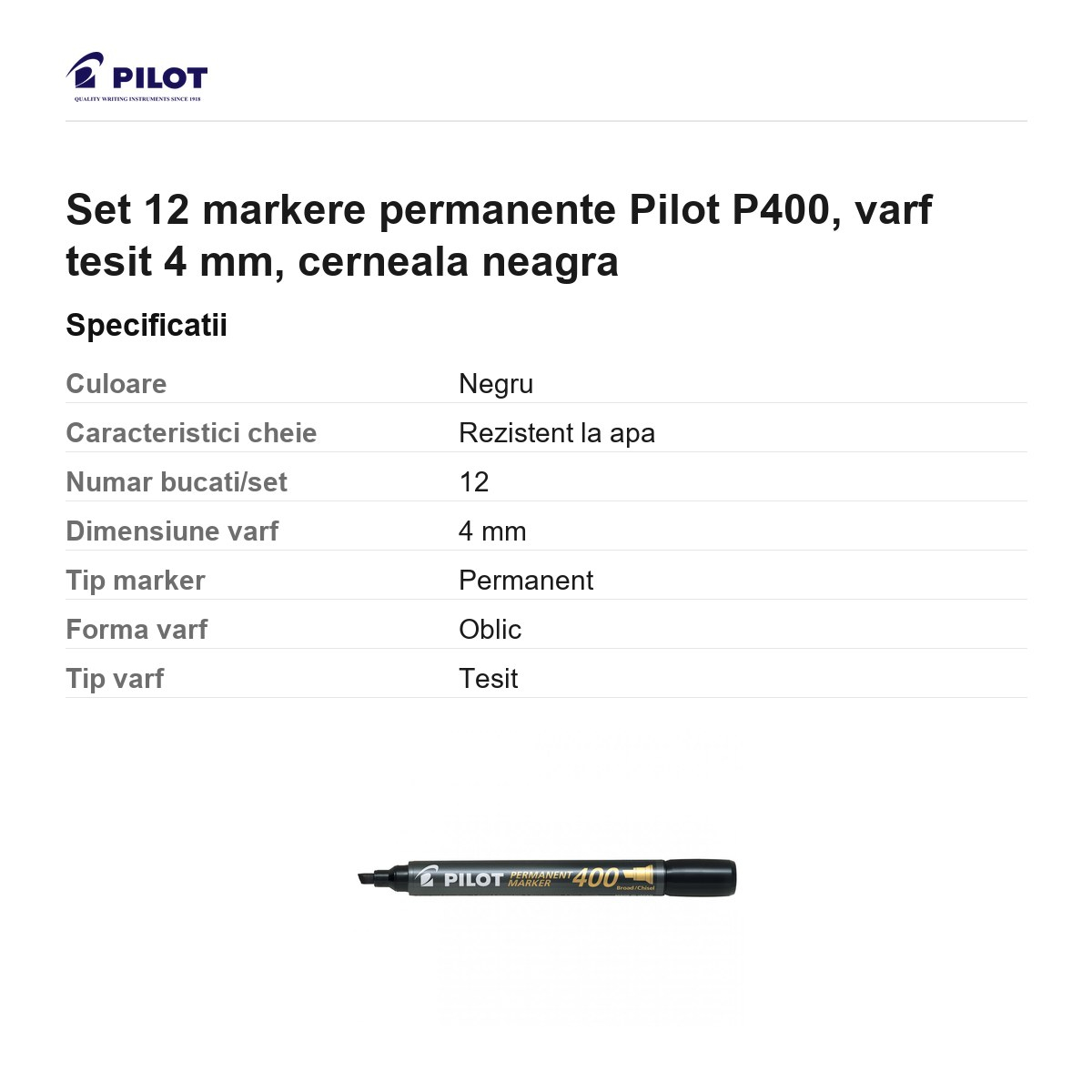 Set 12 markere permanente Pilot P400, varf tesit 4 mm, cerneala neagra [3]