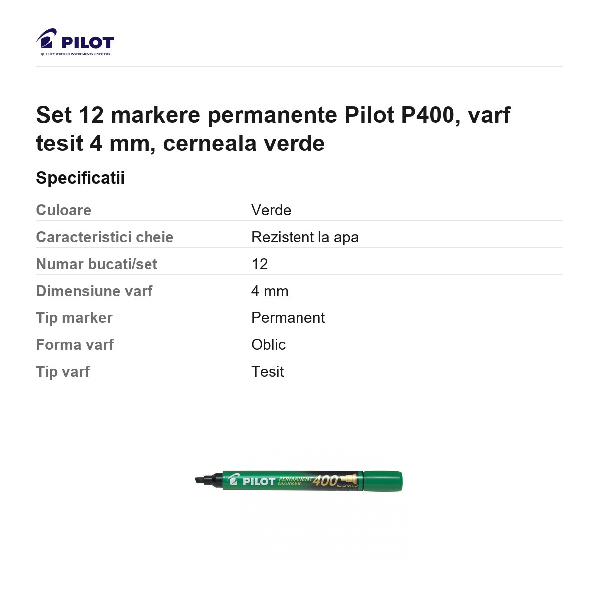 Set 12 markere permanente Pilot P400, varf tesit 4 mm, cerneala verde [3]