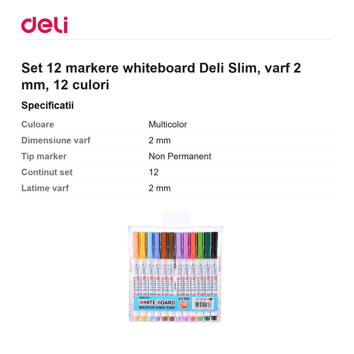 Set 12 markere whiteboard Deli Slim, varf 2 mm, 12 culori [3]