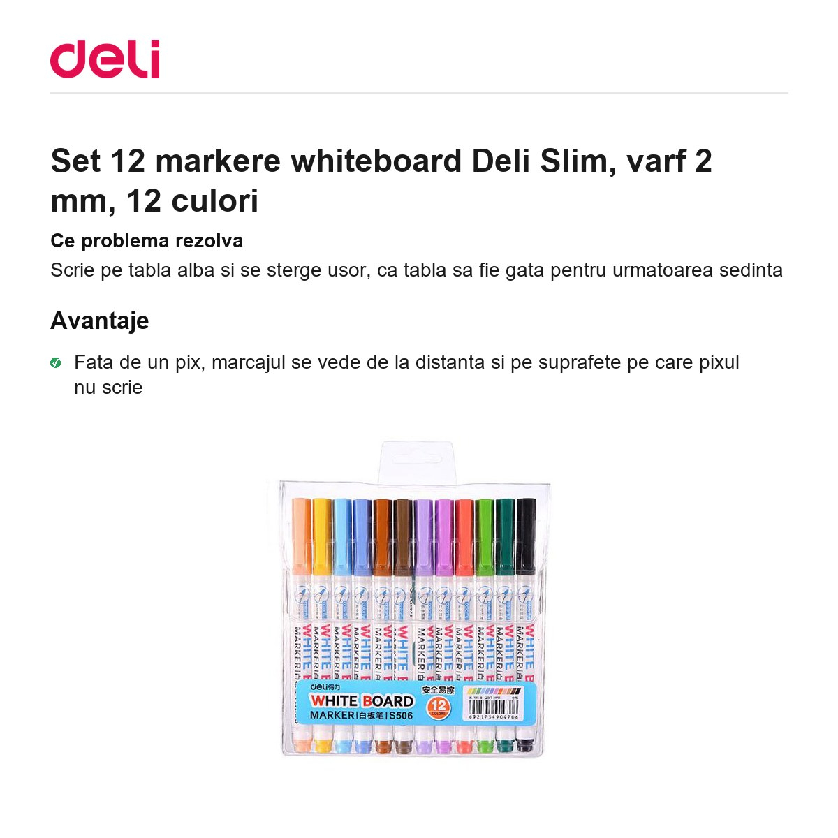 Set 12 markere whiteboard Deli Slim, varf 2 mm, 12 culori [2]