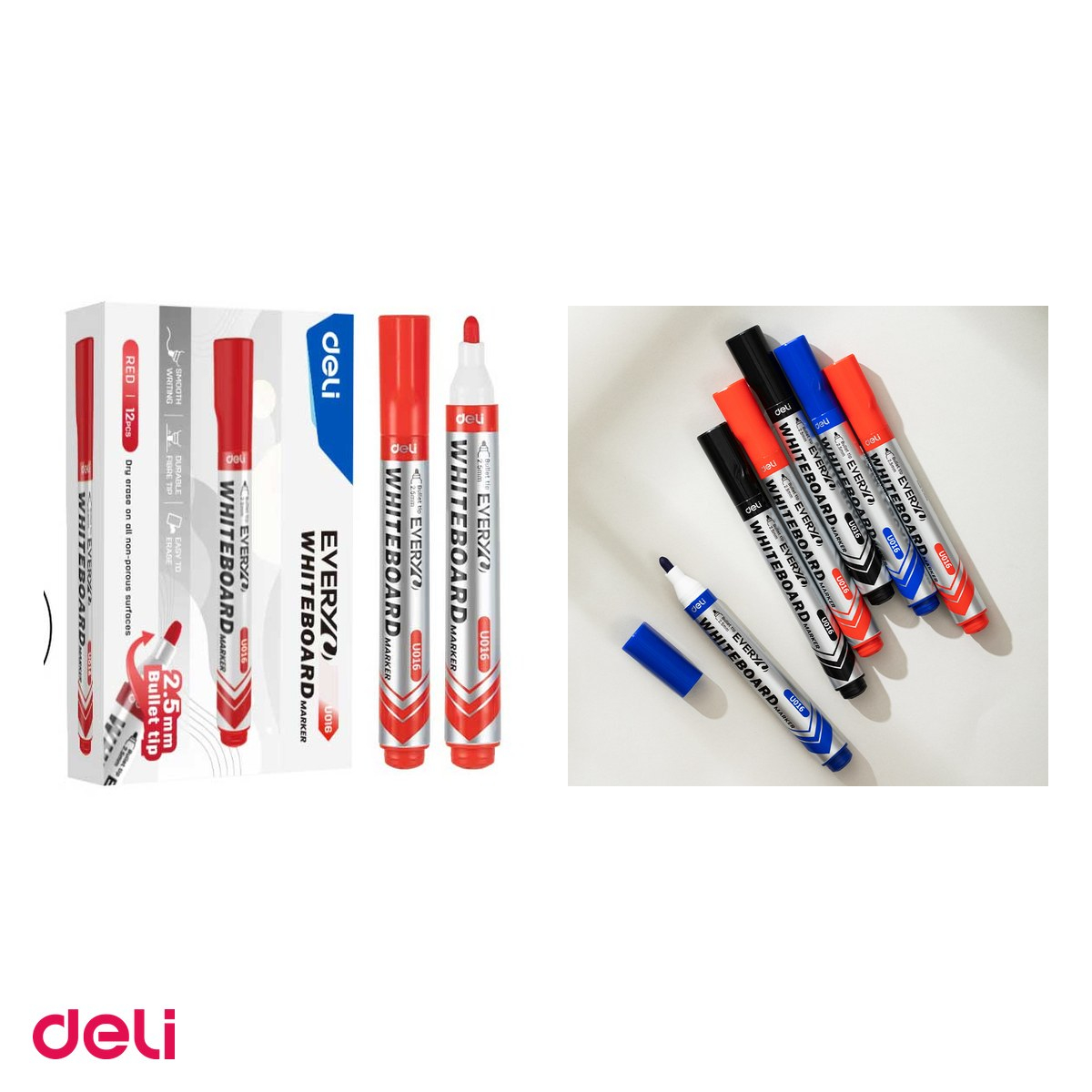 Set 12 markere whiteboard Deli, varf rotund 2.5 mm, cerneala rosie [4]