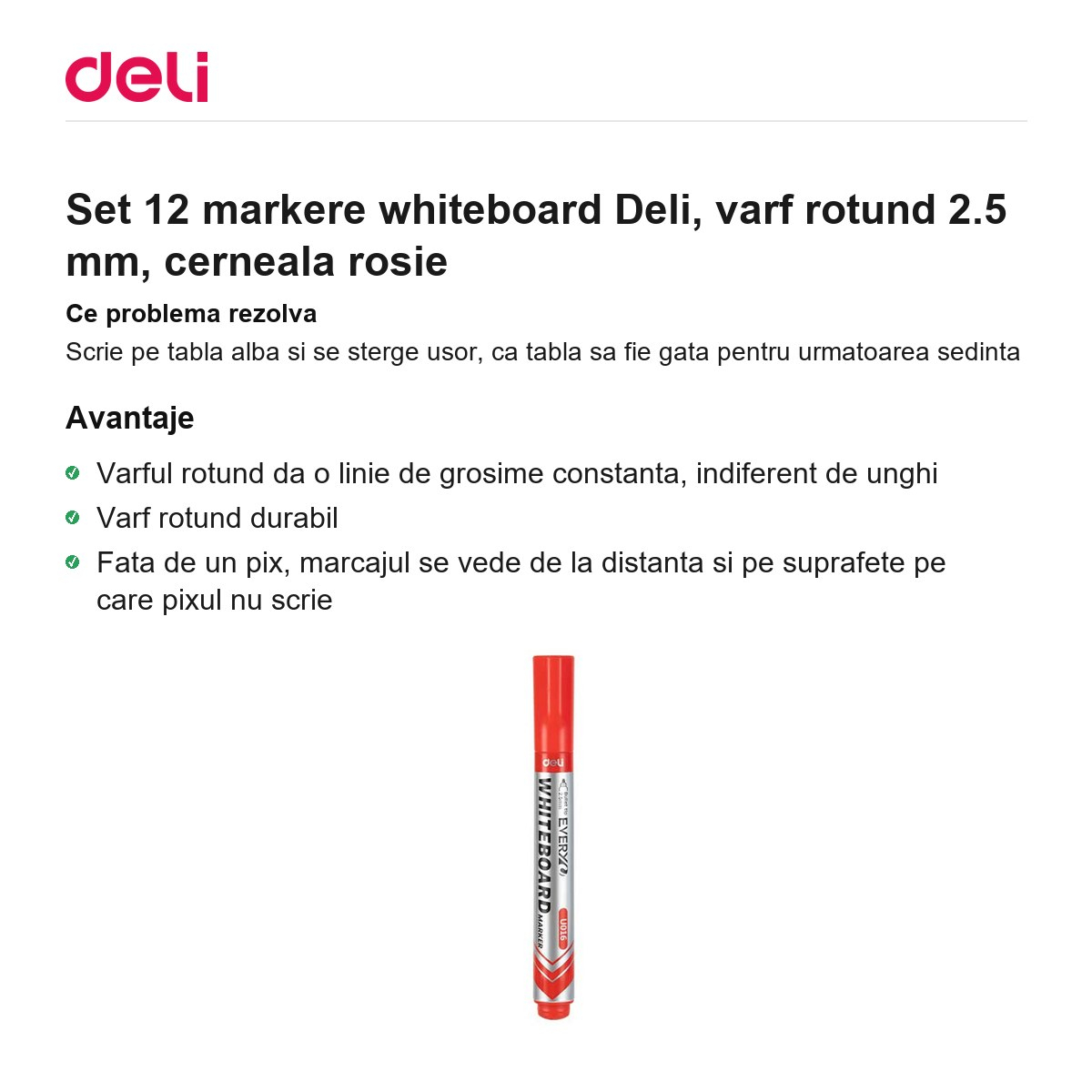 Set 12 markere whiteboard Deli, varf rotund 2.5 mm, cerneala rosie [2]