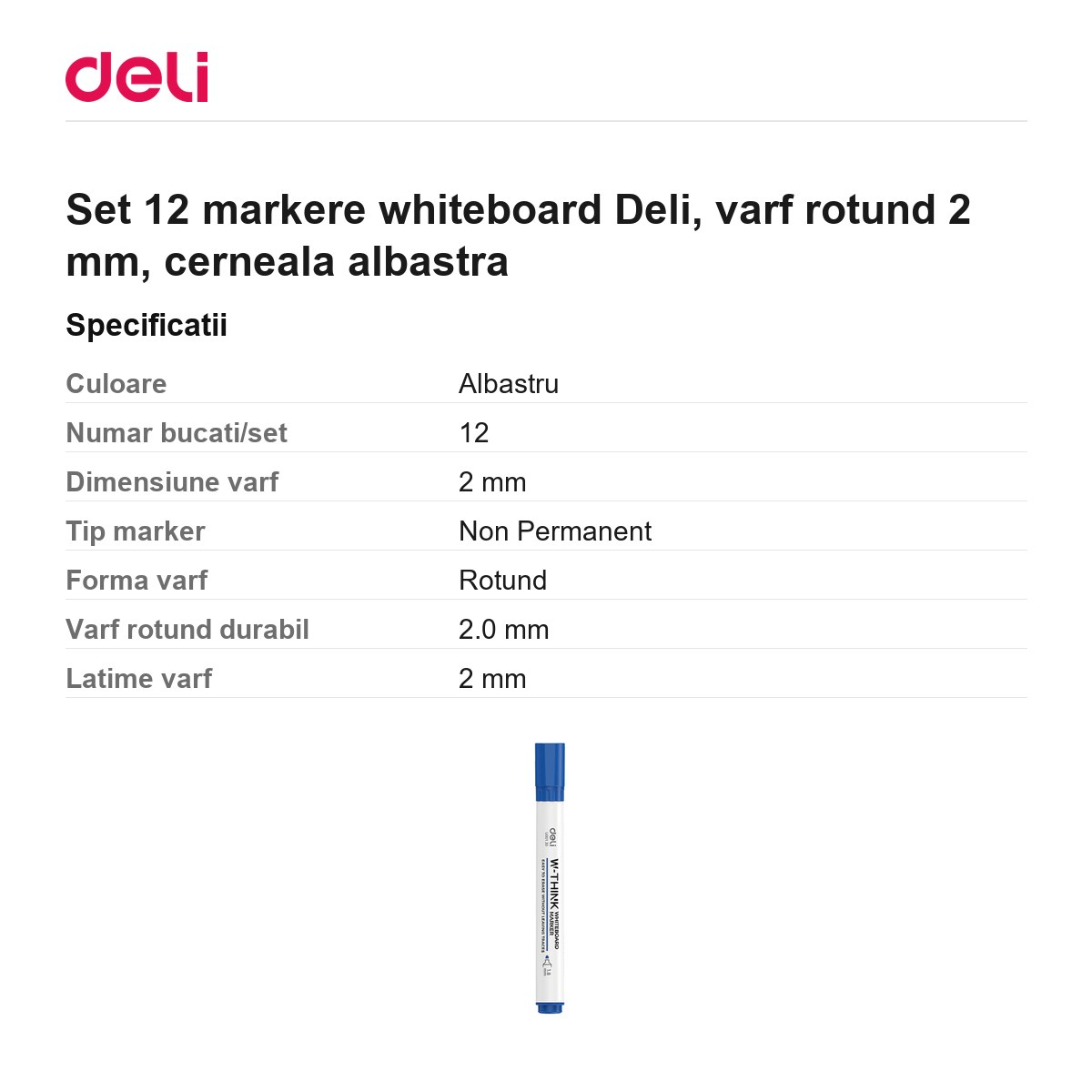 Set 12 markere whiteboard Deli, varf rotund 2 mm, cerneala albastra [3]