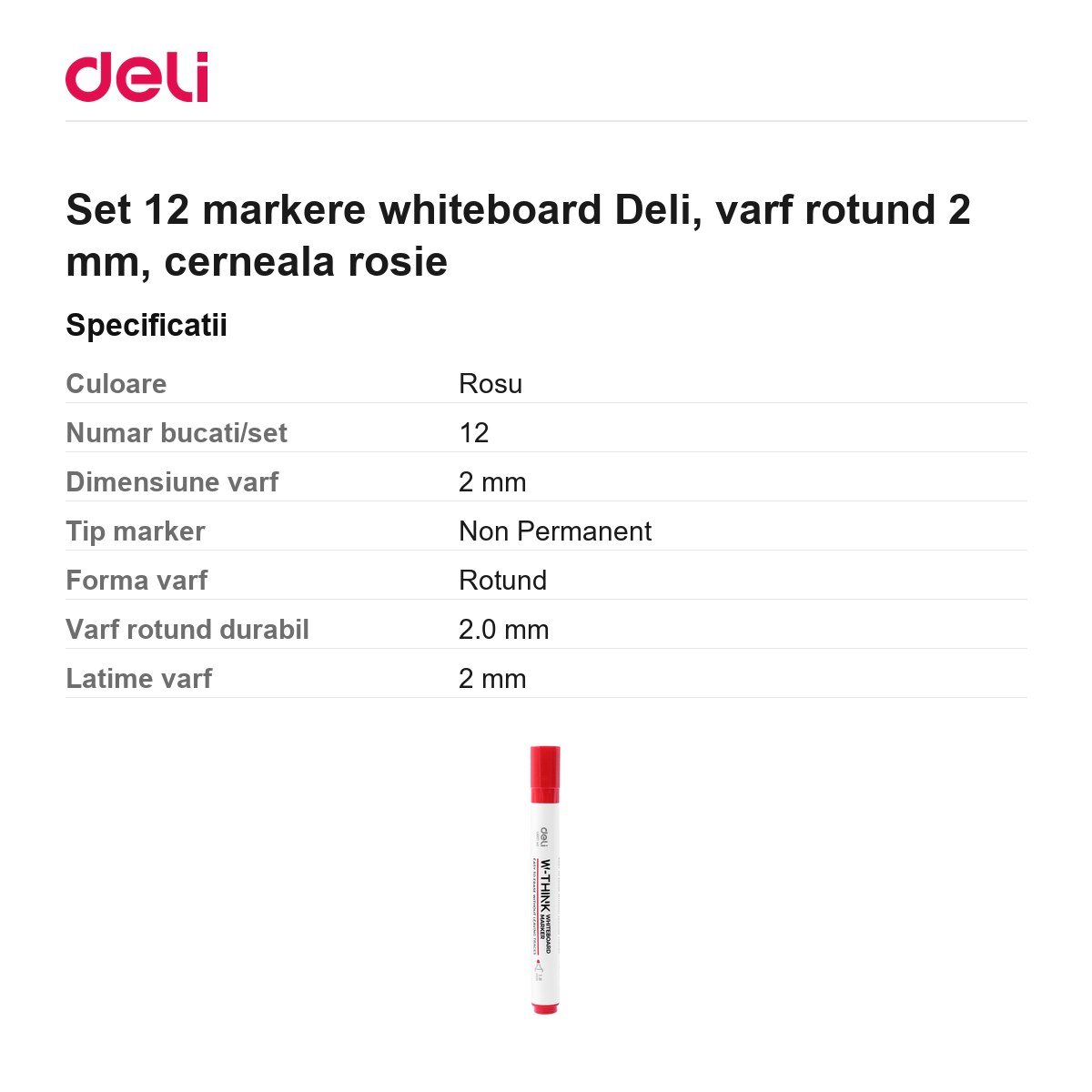 Set 12 markere whiteboard Deli, varf rotund 2 mm, cerneala rosie [3]