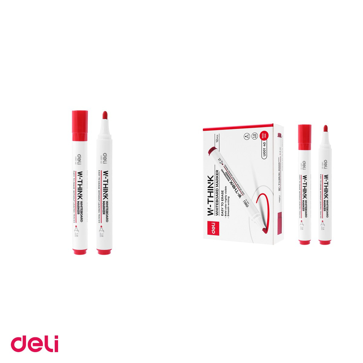 Set 12 markere whiteboard Deli, varf rotund 2 mm, cerneala rosie [4]