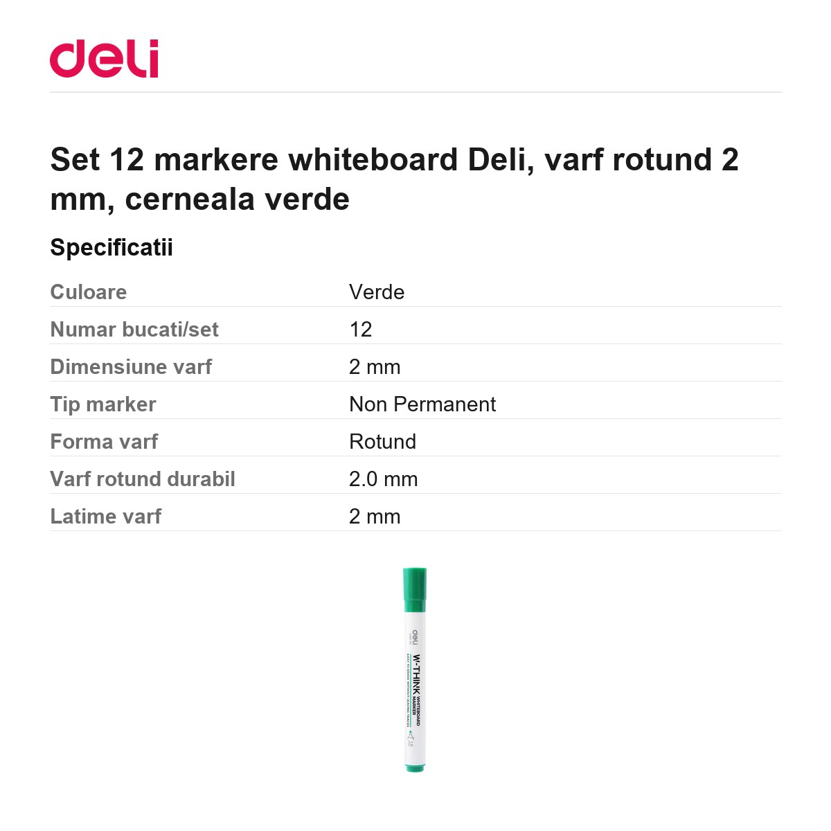 Set 12 markere whiteboard Deli, varf rotund 2 mm, cerneala verde [3]