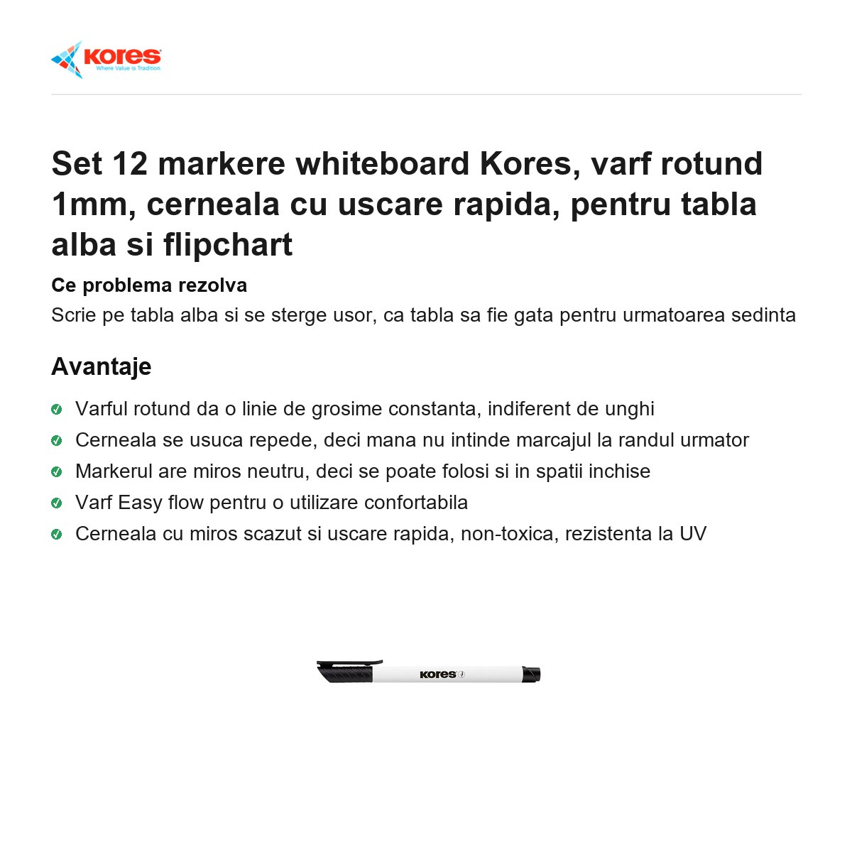 Set 12 markere whiteboard Kores, varf rotund 1mm, cerneala cu uscare rapida, pentru tabla alba si flipchart [2]