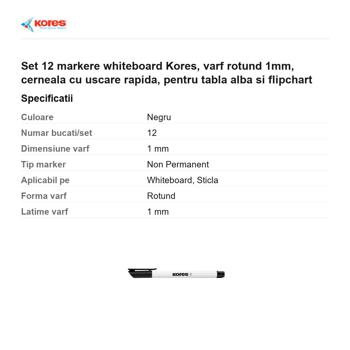 Set 12 markere whiteboard Kores, varf rotund 1mm, cerneala cu uscare rapida, pentru tabla alba si flipchart [3]