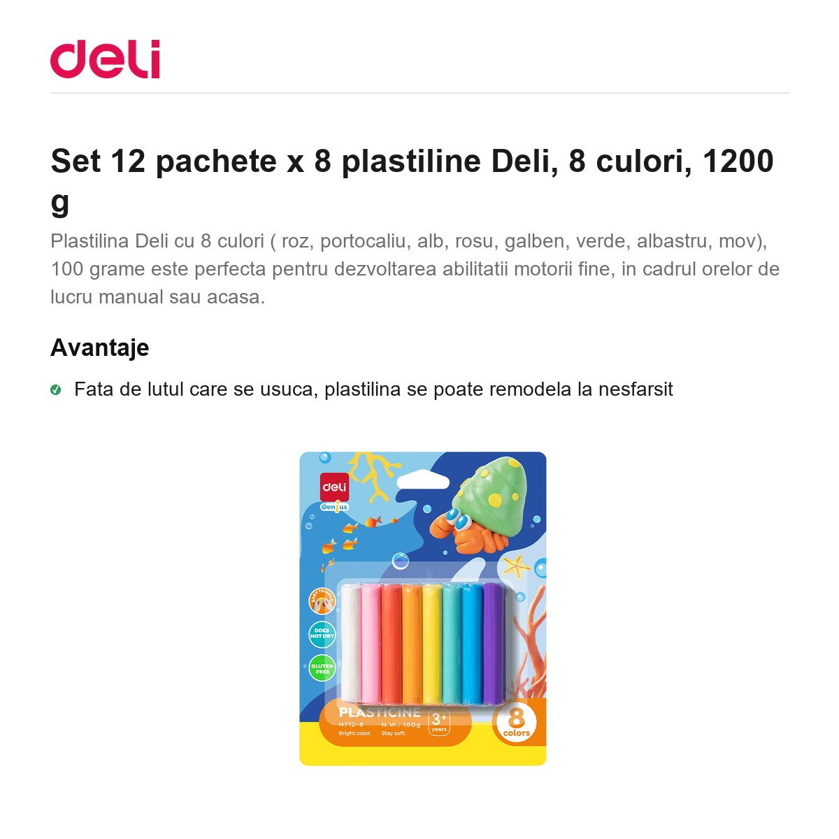 Set 12 pachete x 8 plastiline Deli, 8 culori, 1200 g [2]