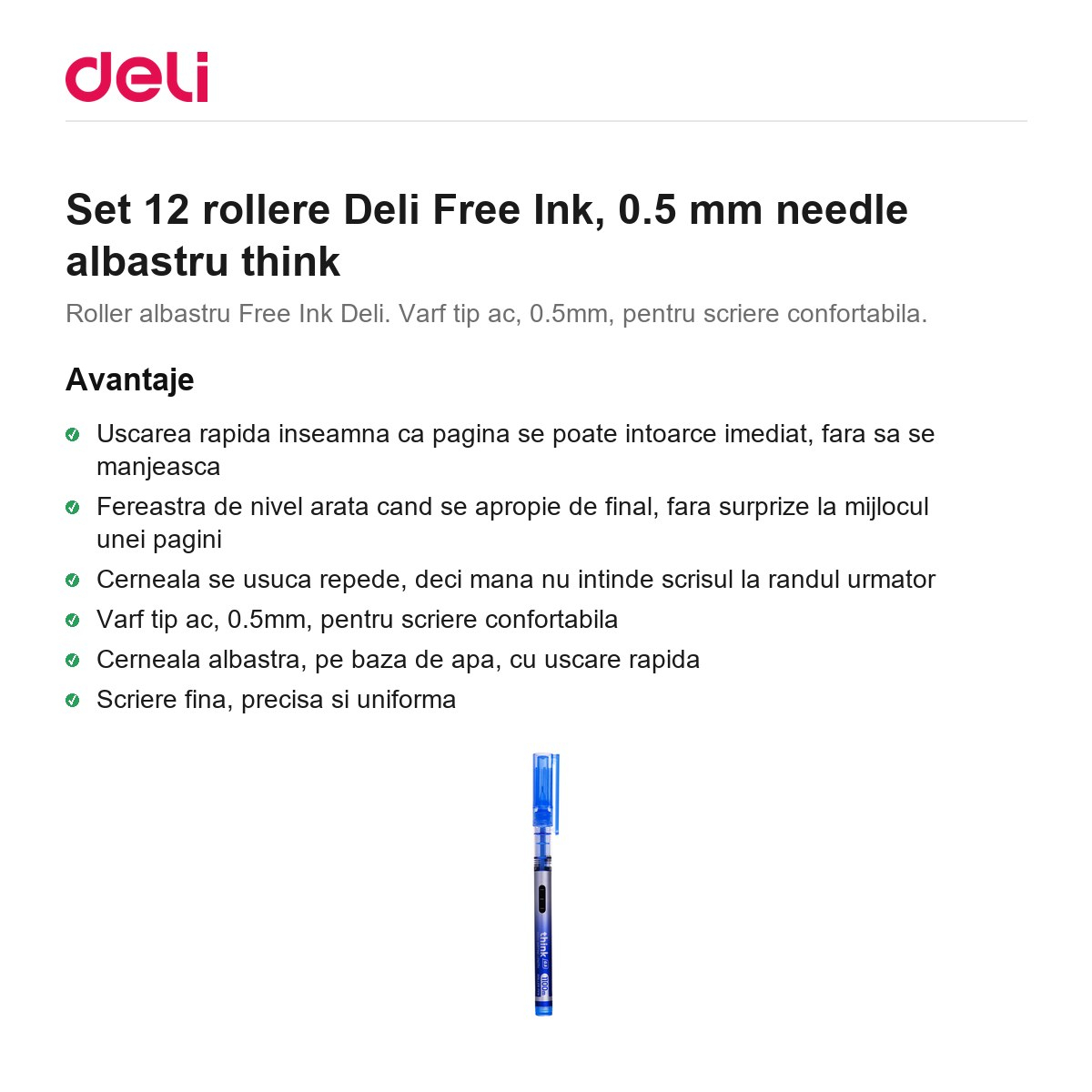 Set 12 rollere Deli Free Ink, 0.5 mm needle albastru think [2]