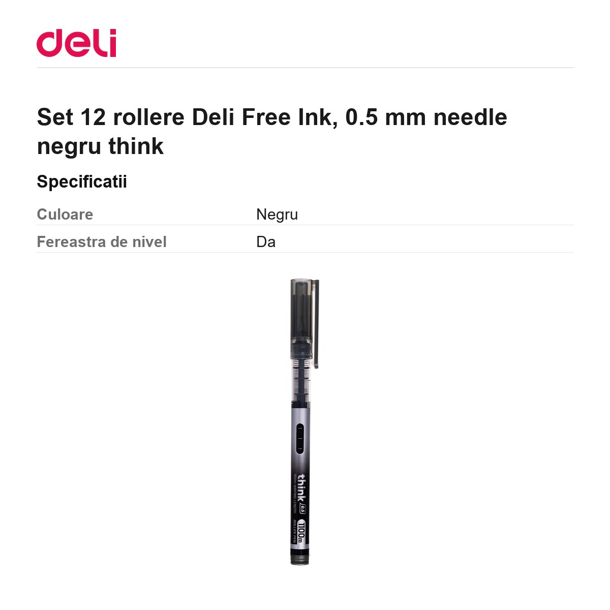 Set 12 rollere Deli Free Ink, 0.5 mm needle negru think [3]