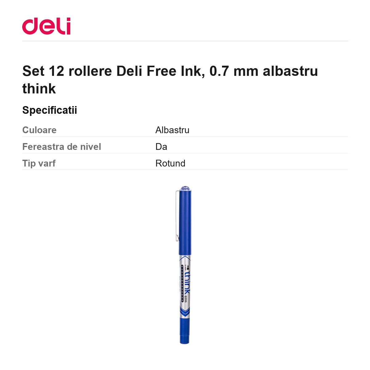 Set 12 rollere Deli Free Ink, 0.7 mm albastru think [3]