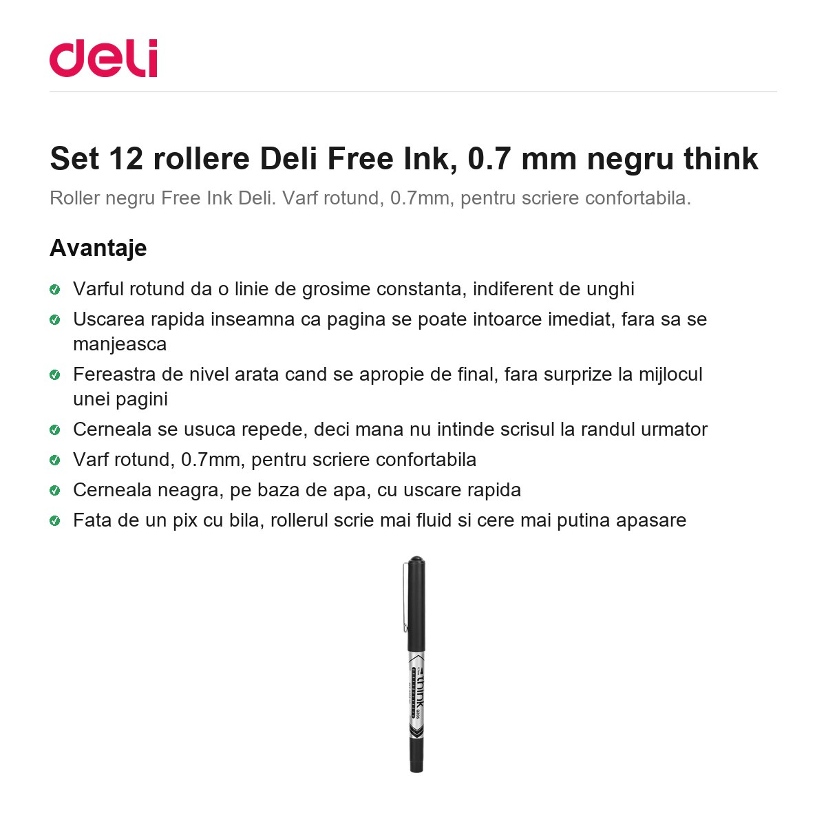 Set 12 rollere Deli Free Ink, 0.7 mm negru think [2]