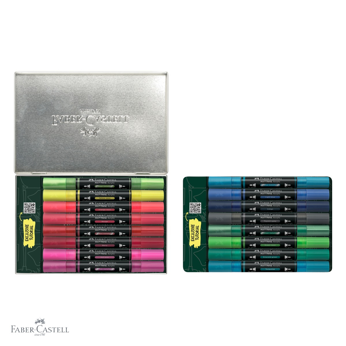 Set 16 markere acrilice Faber-Castell Multimark, varf dublu, cutie metal, pentru diverse suprafete [4]