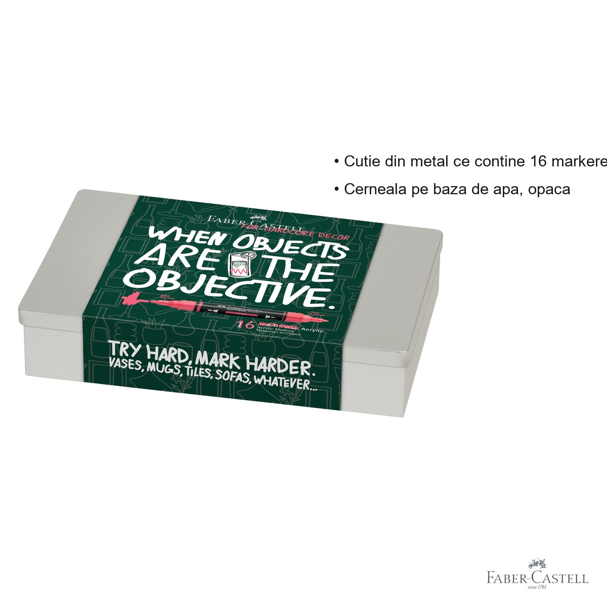 Set 16 markere acrilice Faber-Castell Multimark, varf dublu, cutie metal, pentru multiple suprafete [3]