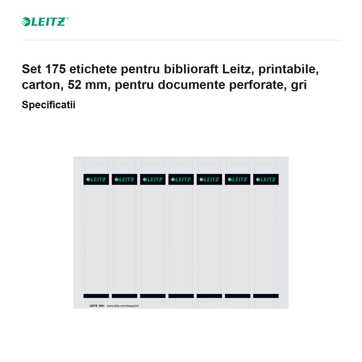 Set 175 etichete pentru biblioraft Leitz, printabile, carton, 52 mm, pentru documente perforate, gri [3]