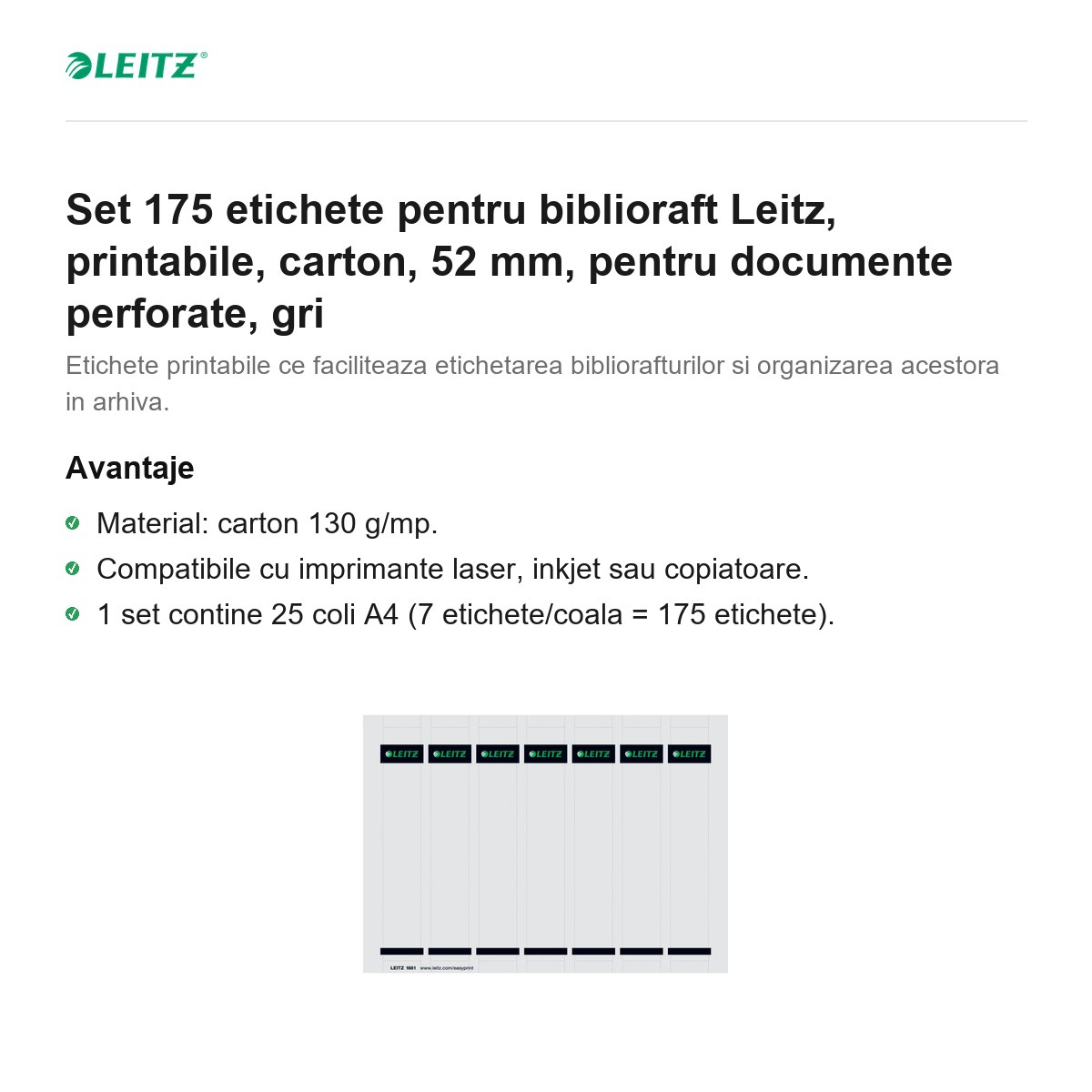 Set 175 etichete pentru biblioraft Leitz, printabile, carton, 52 mm, pentru documente perforate, gri [2]