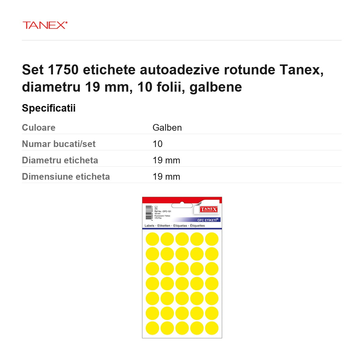 Set 1750 etichete autoadezive rotunde Tanex, diametru 19 mm, 10 seturi, galbene [3]
