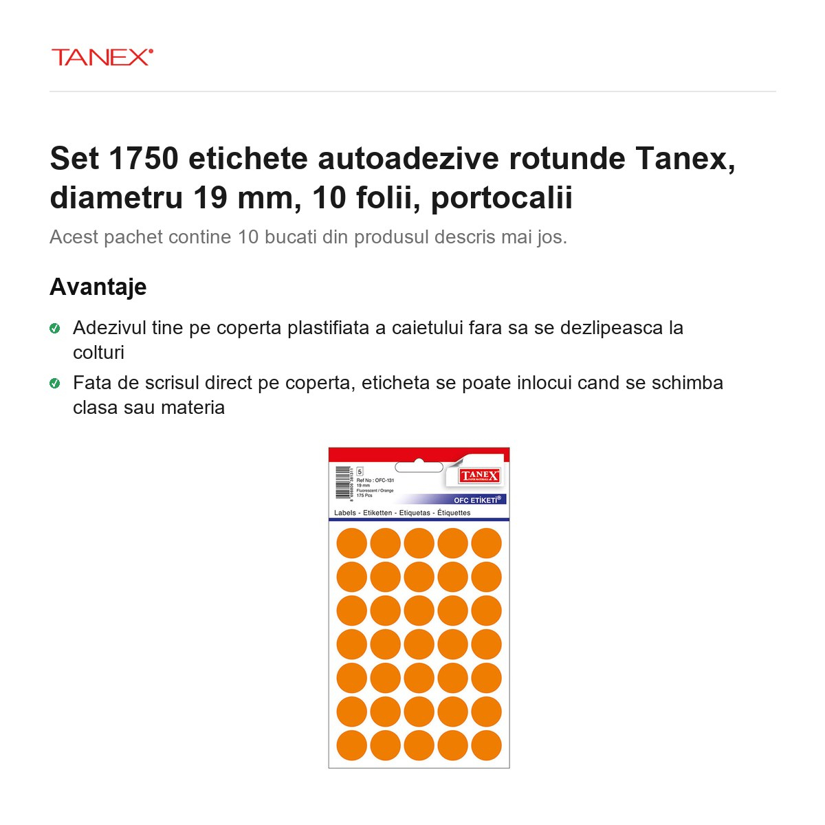 Set 1750 etichete autoadezive rotunde Tanex, diametru 19 mm, 10 seturi, portocalii [2]