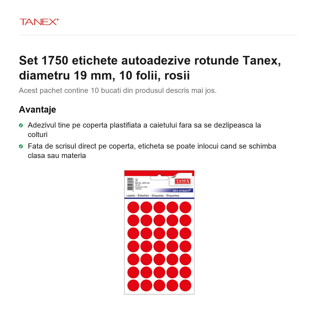 Set 1750 etichete autoadezive rotunde Tanex, diametru 19 mm, 10 seturi, rosii [2]