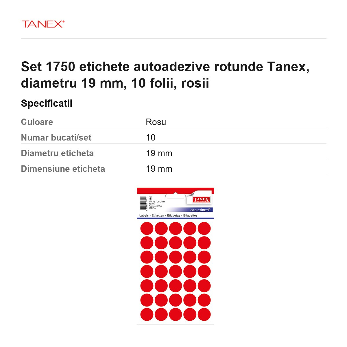 Set 1750 etichete autoadezive rotunde Tanex, diametru 19 mm, 10 seturi, rosii [3]
