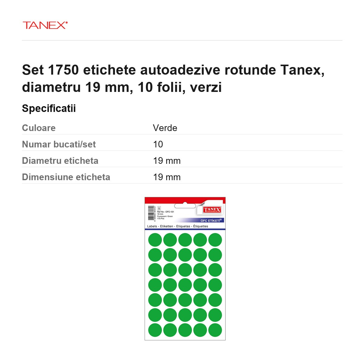 Set 1750 etichete autoadezive rotunde Tanex, diametru 19 mm, 10 seturi, verzi [3]