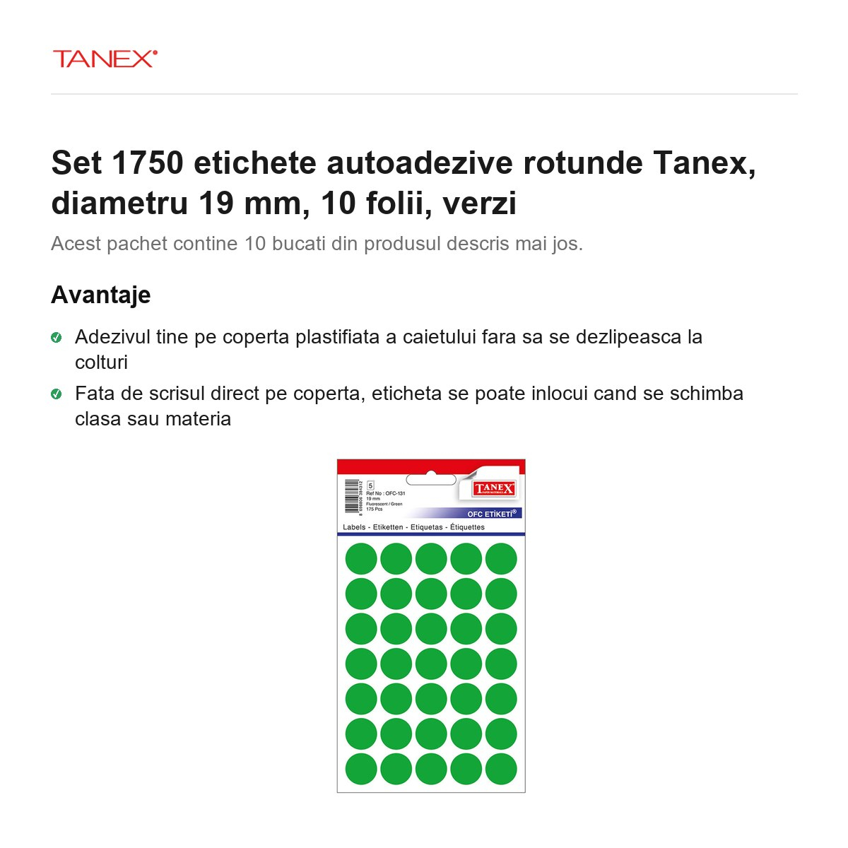 Set 1750 etichete autoadezive rotunde Tanex, diametru 19 mm, 10 seturi, verzi [2]
