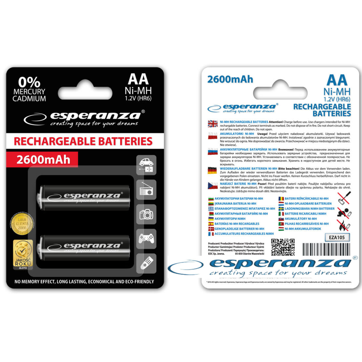 Set 2 acumulatori AA (R6) Esperanza 92254, 2600mAh, Ni-MH, 1.2V, reincarcabili, negri [3]
