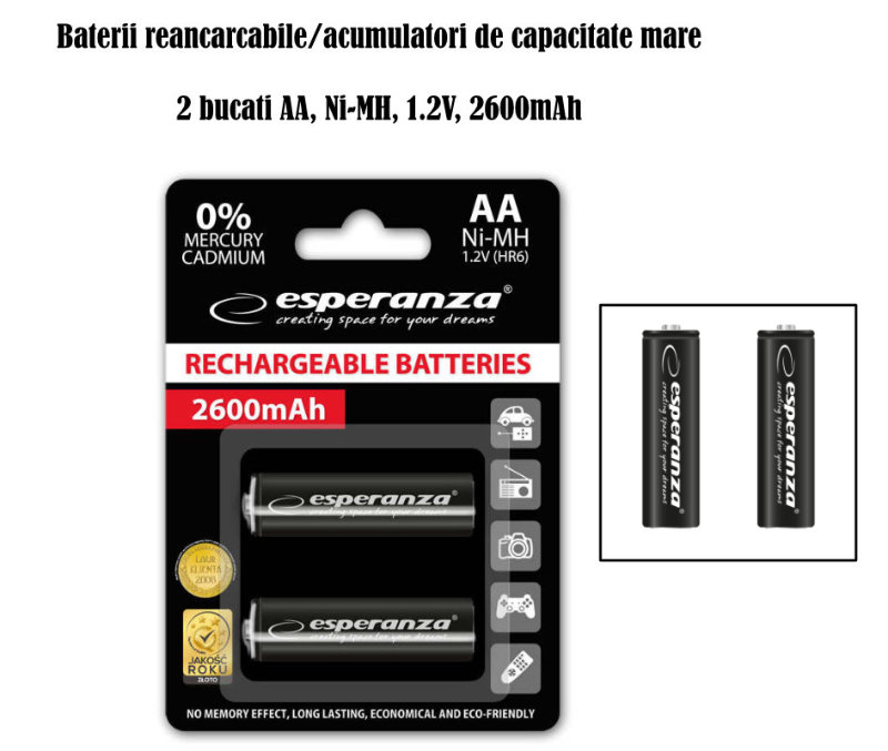 Set 2 acumulatori AA (R6) Esperanza 92254, 2600mAh, Ni-MH, 1.2V, reincarcabili, negri [4]