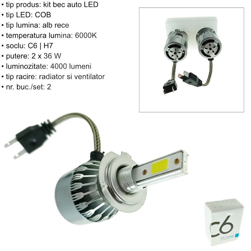 Set 2 becuri auto LED, BA-C6-2-6000, C6, H7, 6000K, 36W, COB [6]