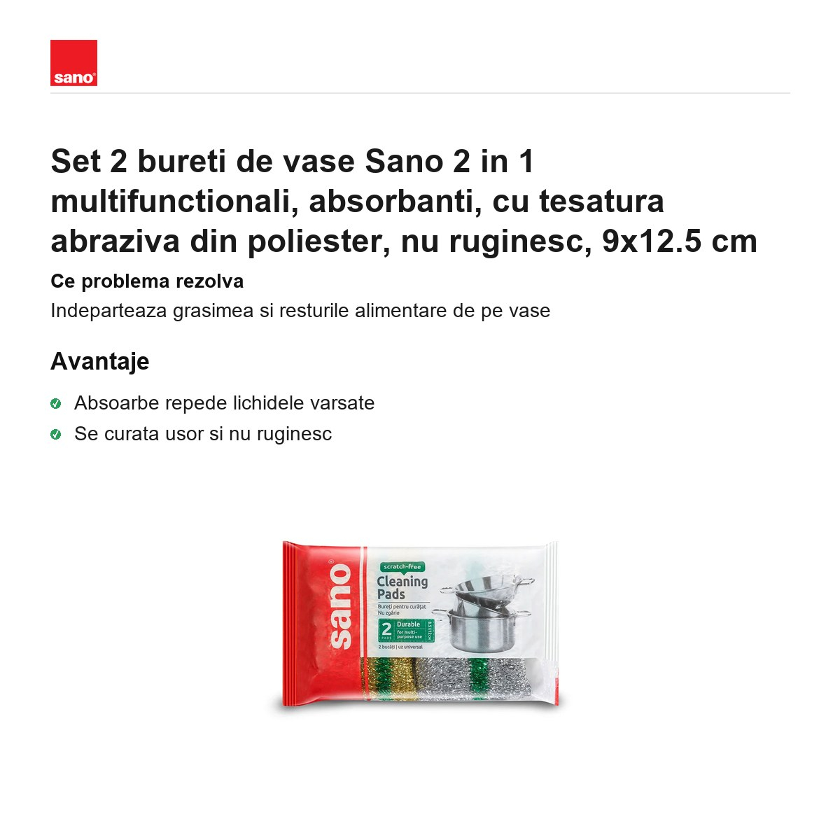 Set 2 bureti de vase Sano 2 in 1 multifunctionali, absorbanti, cu tesatura abraziva din poliester, nu ruginesc, 9x12.5 cm [2]