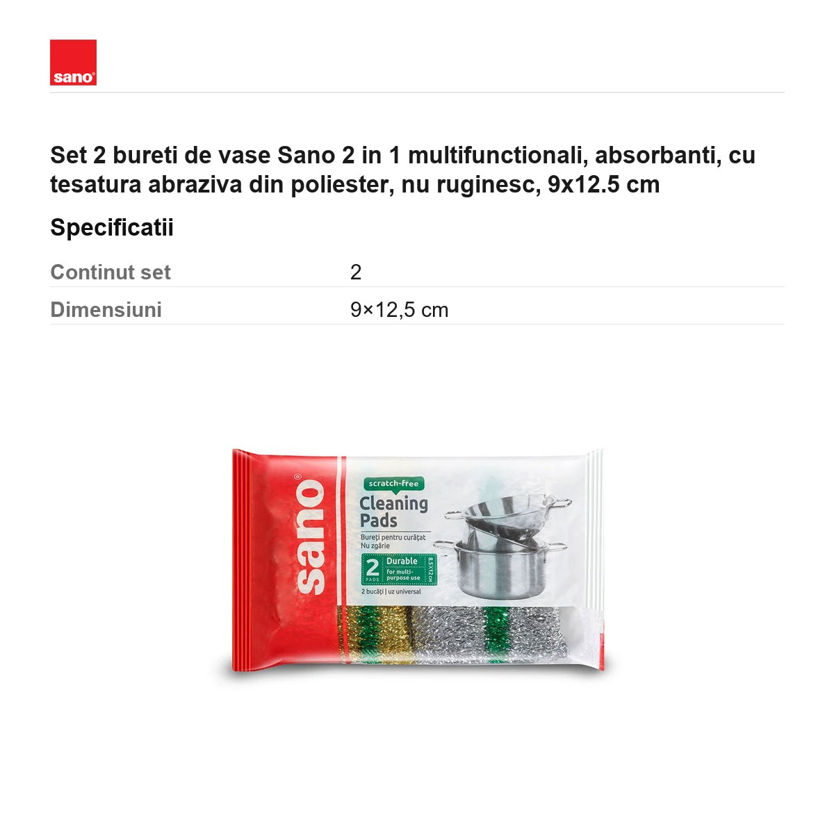 Set 2 bureti de vase Sano 2 in 1 multifunctionali, absorbanti, cu tesatura abraziva din poliester, nu ruginesc, 9x12.5 cm [3]