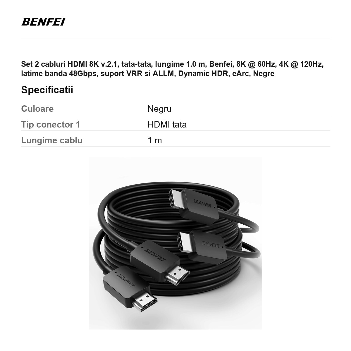 Set 2 cabluri HDMI 8K v.2.1, tata-tata, lungime 1.0 m, Benfei, 8K @ 60Hz, 4K @ 120Hz, latime banda 48Gbps, suport VRR si ALLM, Dynamic HDR, eArc, Negre [3]
