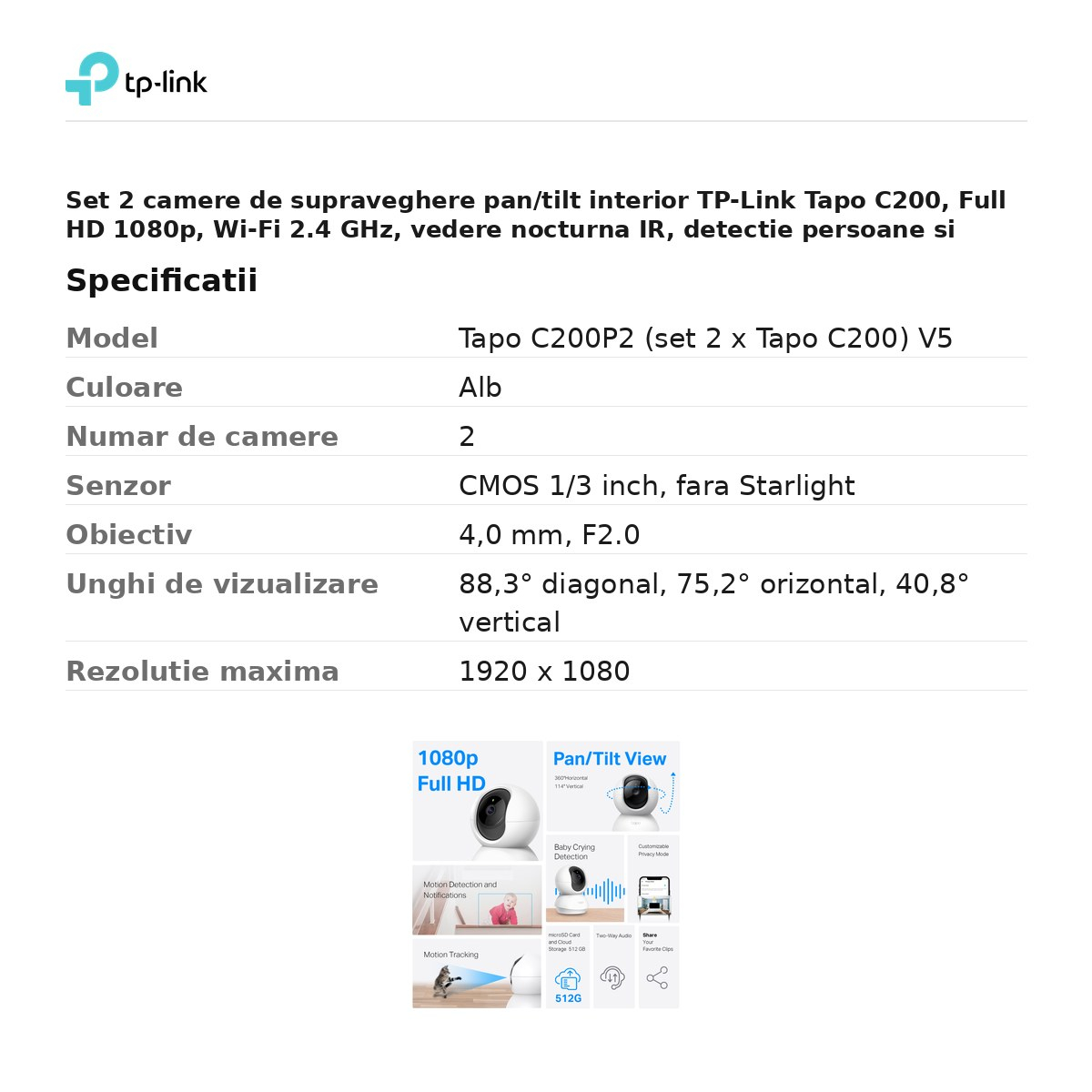 Set 2 camere de supraveghere pan/tilt interior TP-Link Tapo C200, Full HD 1080p, Wi-Fi 2.4 GHz, vedere nocturna IR, detectie persoane si plans de bebelus, alb, C200P2 [3]
