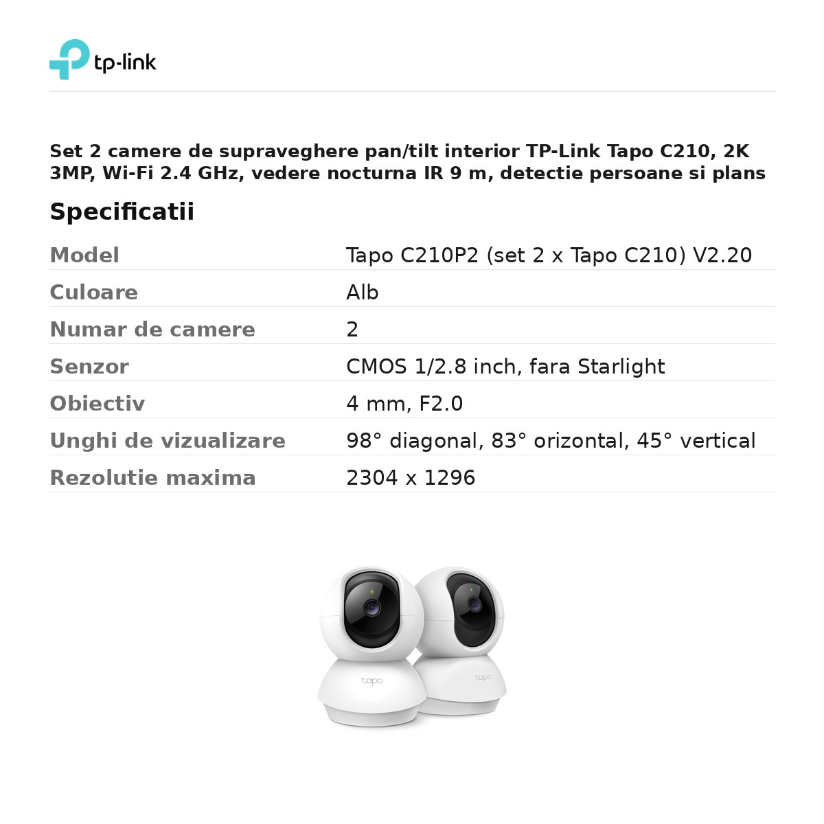 Set 2 camere de supraveghere pan/tilt interior TP-Link Tapo C210, 2K 3MP, Wi-Fi 2.4 GHz, vedere nocturna IR 9 m, detectie persoane si plans de bebelus, alb, C210P2 [3]