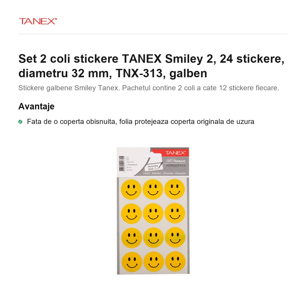 Set 2 coli stickere TANEX Smiley 2, 24 stickere, diametru 32 mm, TNX-313, galben [2]