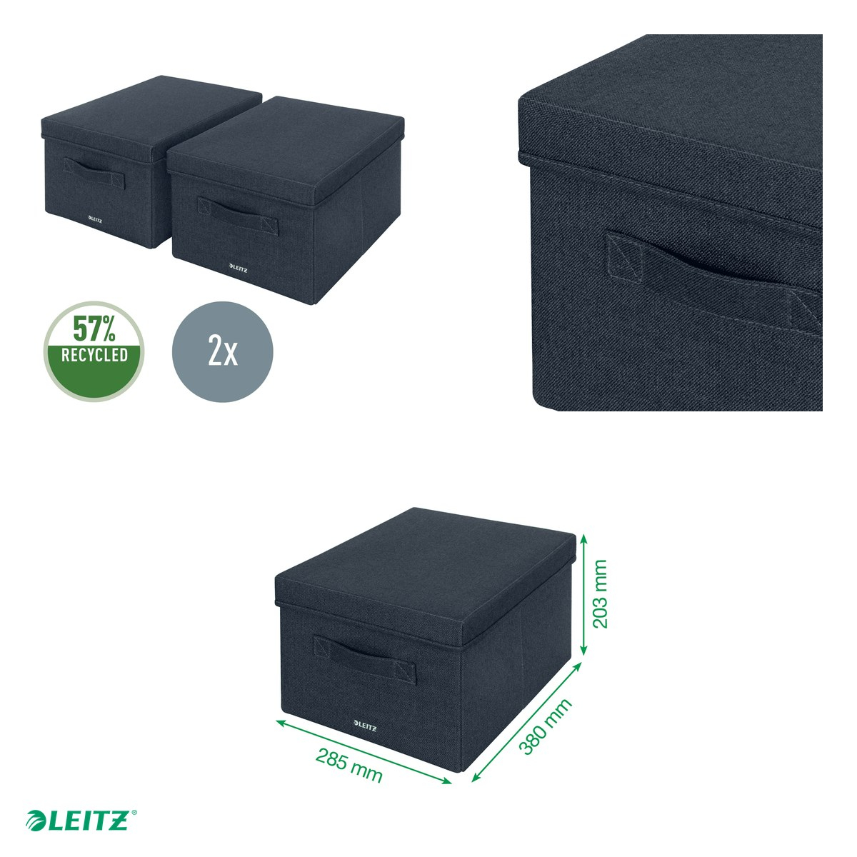 Set 2 cutii depozitare Leitz, material textil, pliabila, cu capac si maner, 28x20x38 cm, gri-carbune, pentru transport, antracit [5]