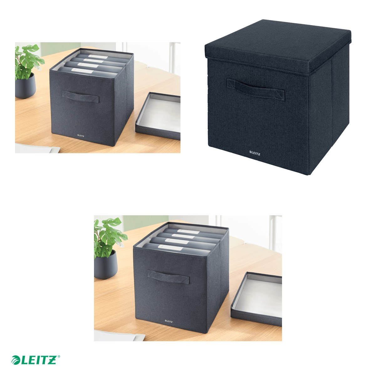 Set 2 cutii depozitare Leitz, material textil, pliabila, cu capac si maner, 33x32x38 cm, gri-carbune, pentru transport, antracit [4]