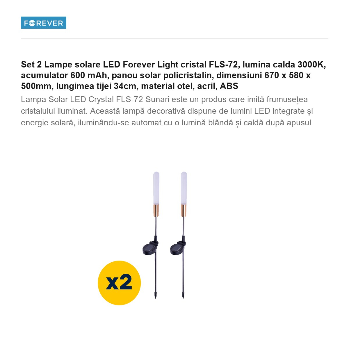 Set 2 Lampe solare LED Forever Light cristal FLS-72, lumina calda 3000K, acumulator 600 mAh, panou solar policristalin, dimensiuni 670 x 580 x 500mm, lungimea tijei 34cm, material otel, acril, ABS [2]